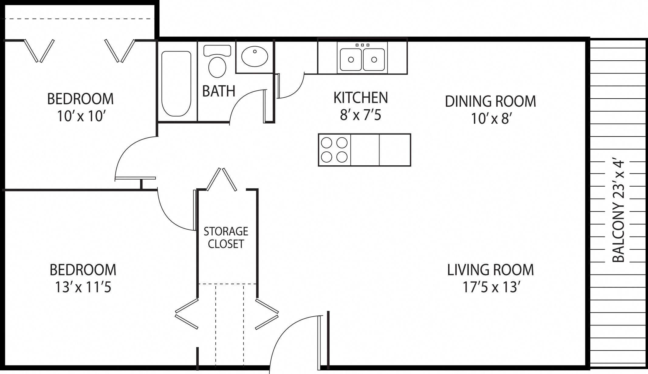 Floor plan for 2 beds, 1 bath, 850 sqft
